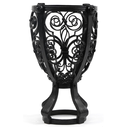 1172 - Black painted cast iron planter with fleur de lis design, 48cm high