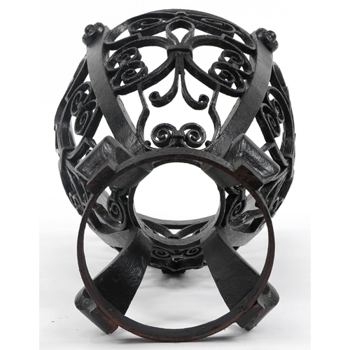 1172 - Black painted cast iron planter with fleur de lis design, 48cm high