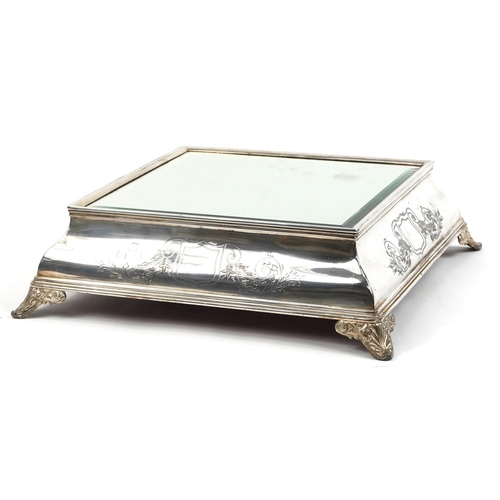 348 - Square silver plated wedding cake stand with mirrored top housed in a wooden box, the stand 13cm H x... 