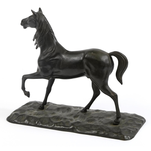 1208 - Bronzed spelter horse, 34cm in length