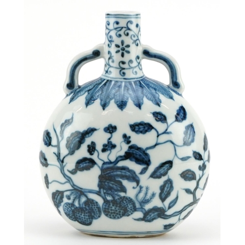 26 - Chinese blue and white porcelain moon flask with twin handles hand painted with flowers and fruit, f... 