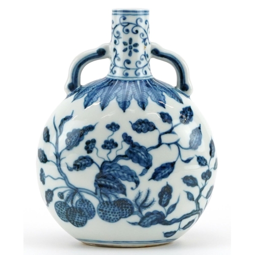 26 - Chinese blue and white porcelain moon flask with twin handles hand painted with flowers and fruit, f... 
