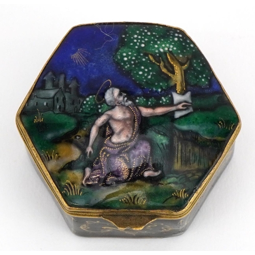 147 - Limoges, 19th century French hexagonal enamelled trinket box hand painted with a saint and flowers, ... 