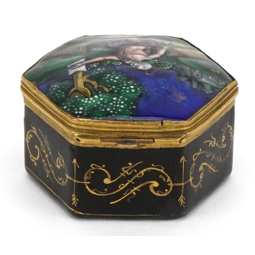 147 - Limoges, 19th century French hexagonal enamelled trinket box hand painted with a saint and flowers, ... 