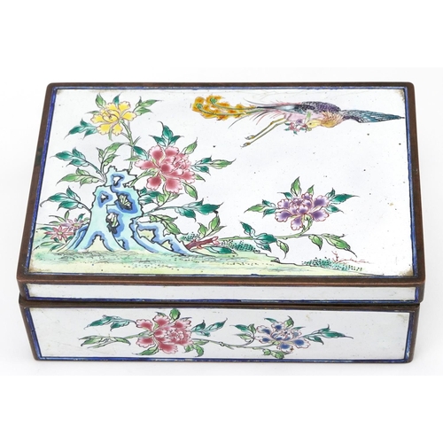 332 - Chinese Canton enamel box with hinged lid hand painted with a bird of paradise amongst flowers, 5.5c... 