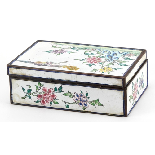 332 - Chinese Canton enamel box with hinged lid hand painted with a bird of paradise amongst flowers, 5.5c... 