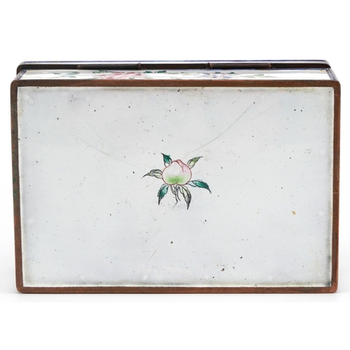 332 - Chinese Canton enamel box with hinged lid hand painted with a bird of paradise amongst flowers, 5.5c... 