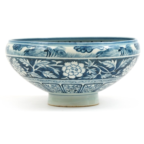 55 - Very large Chinese Islamic blue and white porcelain footed bowl hand painted with phoenixes amongst ... 