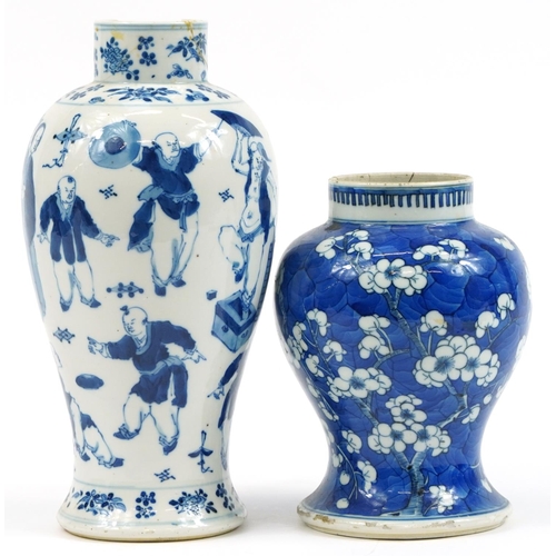 365 - Two Chinese blue and white porcelain baluster vases including one hand painted with prunus flowers, ... 