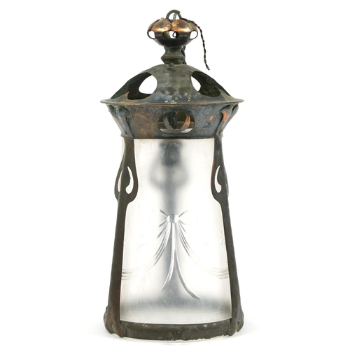 13 - Arts & Crafts copper hanging lantern with frosted glass shade etched with swags and bows, 39cm high