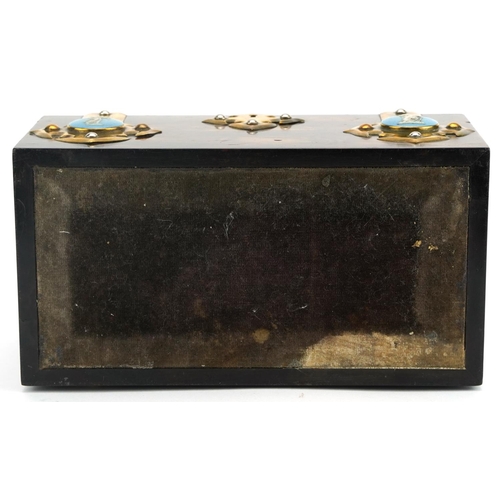 16 - Victorian brass bound dome topped coromandel tea caddy with inset Wedgwood Jasperware type panels an... 