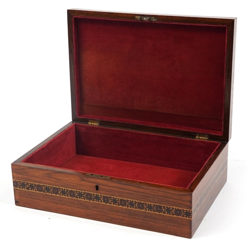 15 - Victorian Tunbridge Ware casket with tumbling block design hinged lid and velvet lined interior, 13c... 