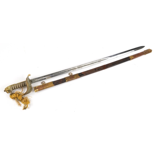 696 - Gieve's of Portsmouth & London, Victorian naval dress sword with engraved steel blade, scabbard and ... 