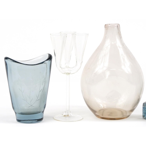 239 - Art glassware including a Finnish Lasilla Oy three section vase and blue vase etched with flowers, t... 