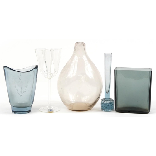 239 - Art glassware including a Finnish Lasilla Oy three section vase and blue vase etched with flowers, t... 