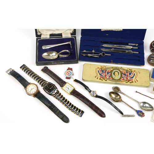 1267 - Objects and sundry items including Victoria Young Head 1885 half crown, Timex wristwatch and drawing... 