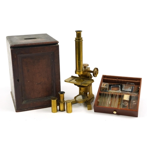 8 - Moritz Pillischer of London, early 19th century brass compound monocular microscope with mahogany tr... 