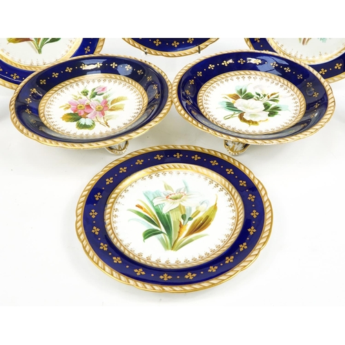 241 - Victorian porcelain eight piece desert service hand painted and gilded with flowers, impressed marks... 