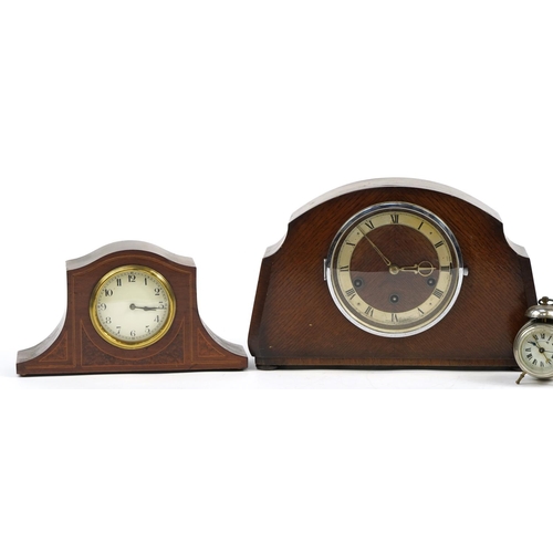 1264 - Four mantle clocks and alarm clocks including one with Westminster chime, Metamec and a French examp... 