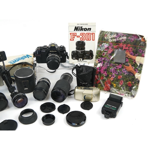 425 - Vintage and later cameras, lenses and accessories including Nikon-301 camera, Panagor F-400mm lens, ... 