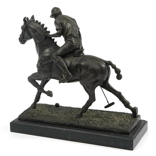 143 - After Miguel Fernando Lopez (Milo), bronze polo player on horseback raised on a black marble base, 3... 