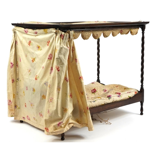 463 - Antique mahogany barley twist four poster apprentice doll's bed, 59cm H x 70cm W x 44cm D