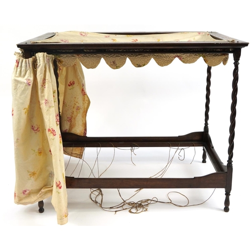 463 - Antique mahogany barley twist four poster apprentice doll's bed, 59cm H x 70cm W x 44cm D