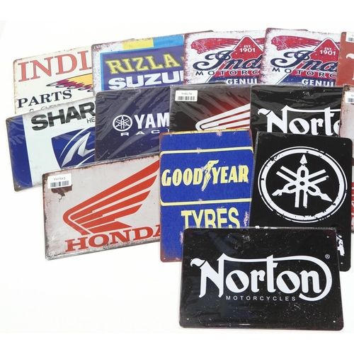 1225 - Seventeen tin advertising signs including Shark Helmets, Yamaha, Norton Motorcycles and Honda, most ... 