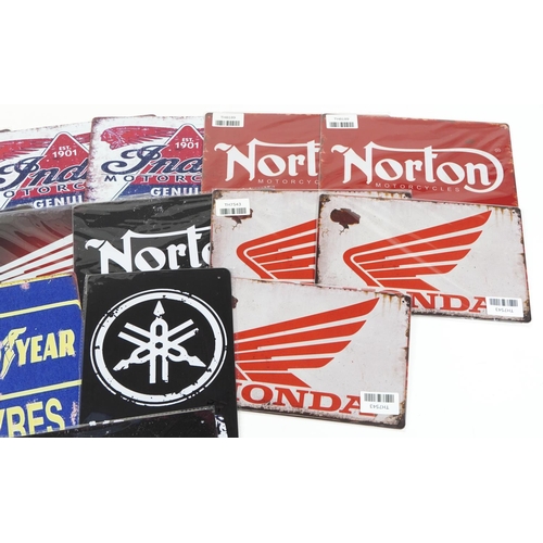 1225 - Seventeen tin advertising signs including Shark Helmets, Yamaha, Norton Motorcycles and Honda, most ... 