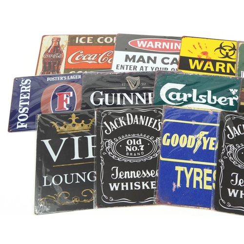 1226 - Sixteen tin advertising and man cave signs including J P S, Jack Daniels, Carlsberg, Guinness and Co... 