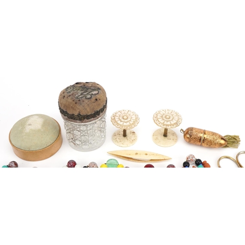 1210 - Victorian and later sewing items including cut glass stud jar with pincushion lid, bone tatting shut... 