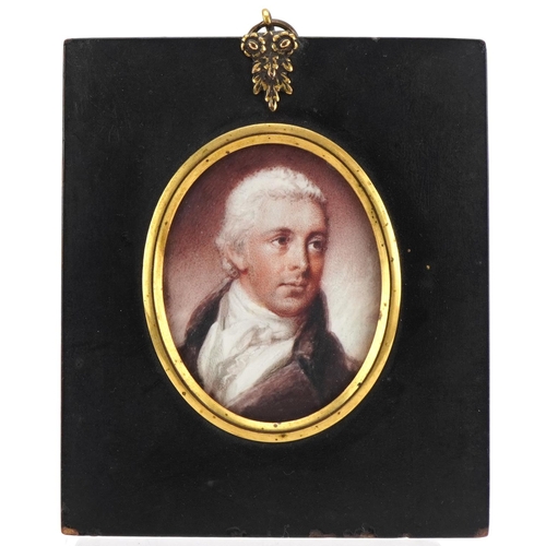 73 - 19th century oval hand painted portrait miniature of a gentleman wearing a cravat housed in an eboni... 