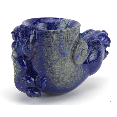 1120 - Chinese lapis lazuli libation cup carved with mythical animals, 10cm in length