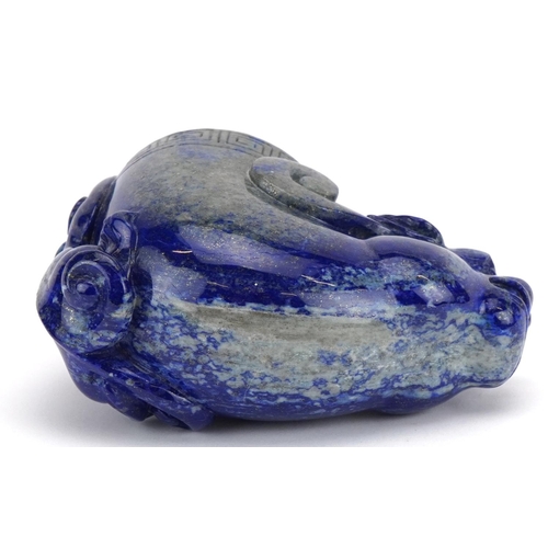 1120 - Chinese lapis lazuli libation cup carved with mythical animals, 10cm in length