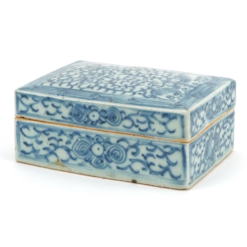 94 - Chinese blue and white porcelain box and cover hand painted with flowers, incised with calligraphy t... 