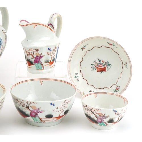41 - 18th century Newhall porcelain teaware, predominantly hand painted in the chinoiserie manner includi... 