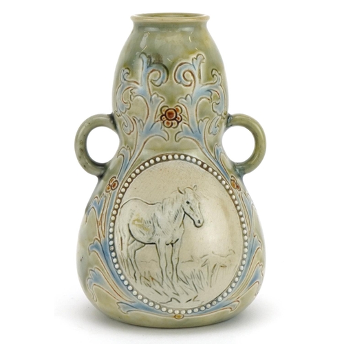 29 - Hannah Barlow for Royal Doulton, Art Nouveau double gourd twin handled vase incised with a horse and... 