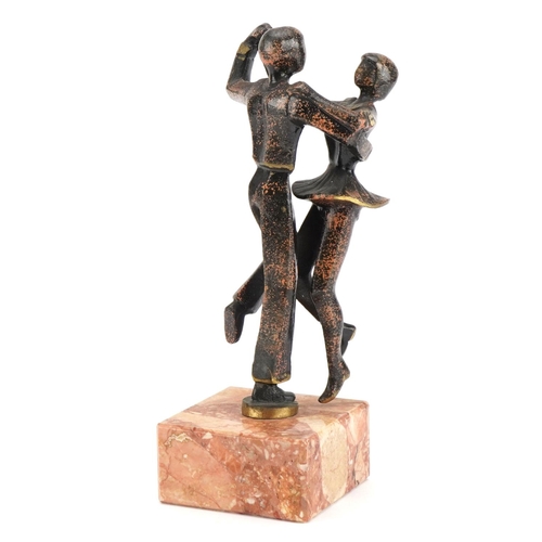 83 - Mid century style bronze study of ballroom dancers raised on a marble base, 23cm high