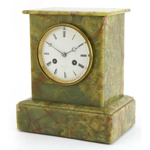 111 - Raingo, French green onyx mantle clock striking on a bell, the enamelled dial having Roman numerals,... 