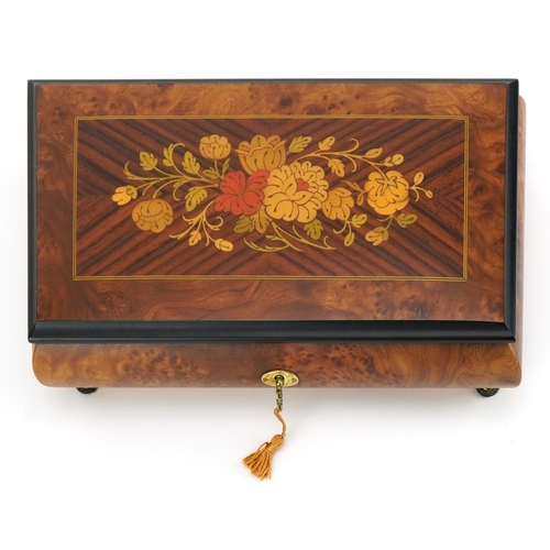 62 - Romance, inlaid Swiss music box by Rouge playing Memory A L Webber, 7.5cm H x 27cm W x 16cm D