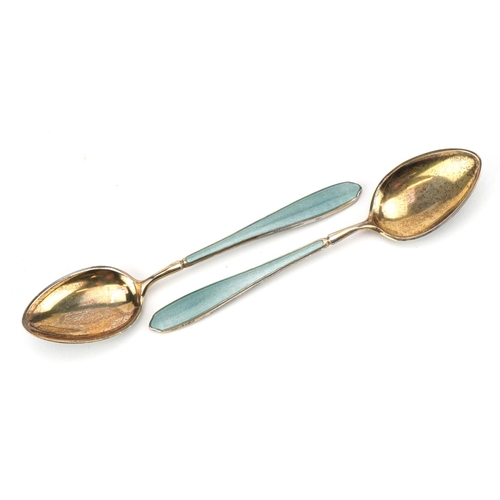 2694 - Gustav Gaudernack, set of six Norwegian 925S silver gilt and enamel teaspoons, each 9.5cm high, tota... 