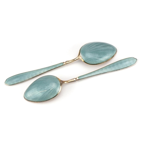 2694 - Gustav Gaudernack, set of six Norwegian 925S silver gilt and enamel teaspoons, each 9.5cm high, tota... 