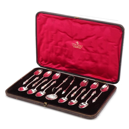 2784 - Elkington & Co Ltd, cased set of twelve silver plated apostle teaspoons with matching caddy spoon an... 