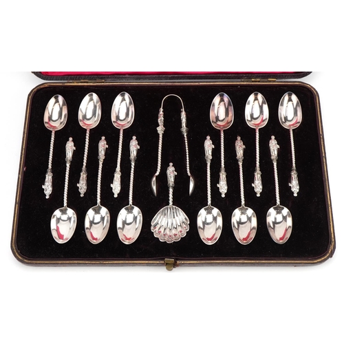 2784 - Elkington & Co Ltd, cased set of twelve silver plated apostle teaspoons with matching caddy spoon an... 