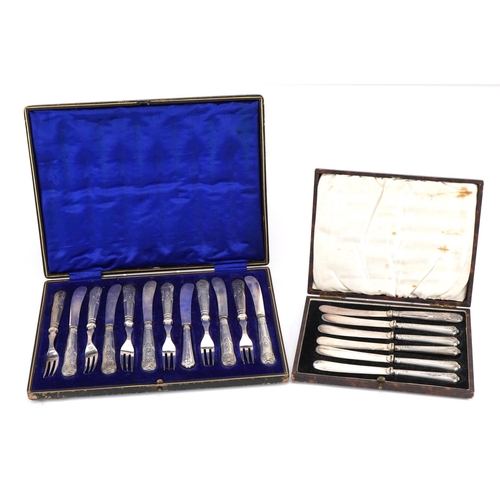 2721 - Cased set of silver handled cake forks and butter knives and a set of similar silver handled butter ... 