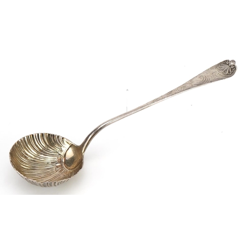 2705 - Georgian silver ladle with embossed shell design bowl, indistinct hallmarks, possibly London 1754, 3... 