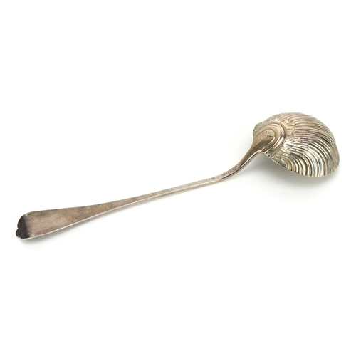 2705 - Georgian silver ladle with embossed shell design bowl, indistinct hallmarks, possibly London 1754, 3... 