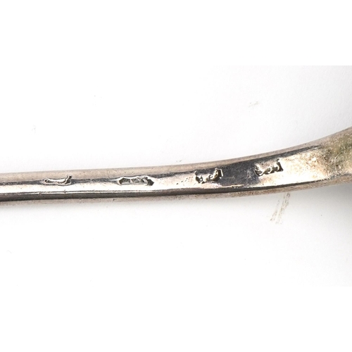 2705 - Georgian silver ladle with embossed shell design bowl, indistinct hallmarks, possibly London 1754, 3... 