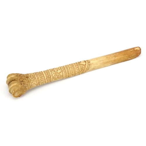 65 - 19th century knuckle bone apple corer carved with initials J C and dated 1827 with incised geometric... 