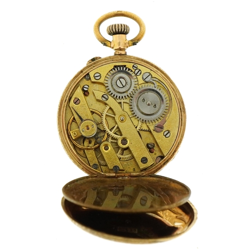 2023 - Ladies 14k gold pocket watch with engraved decoration, the case numbered 87866, 30mm in diameter, 23... 